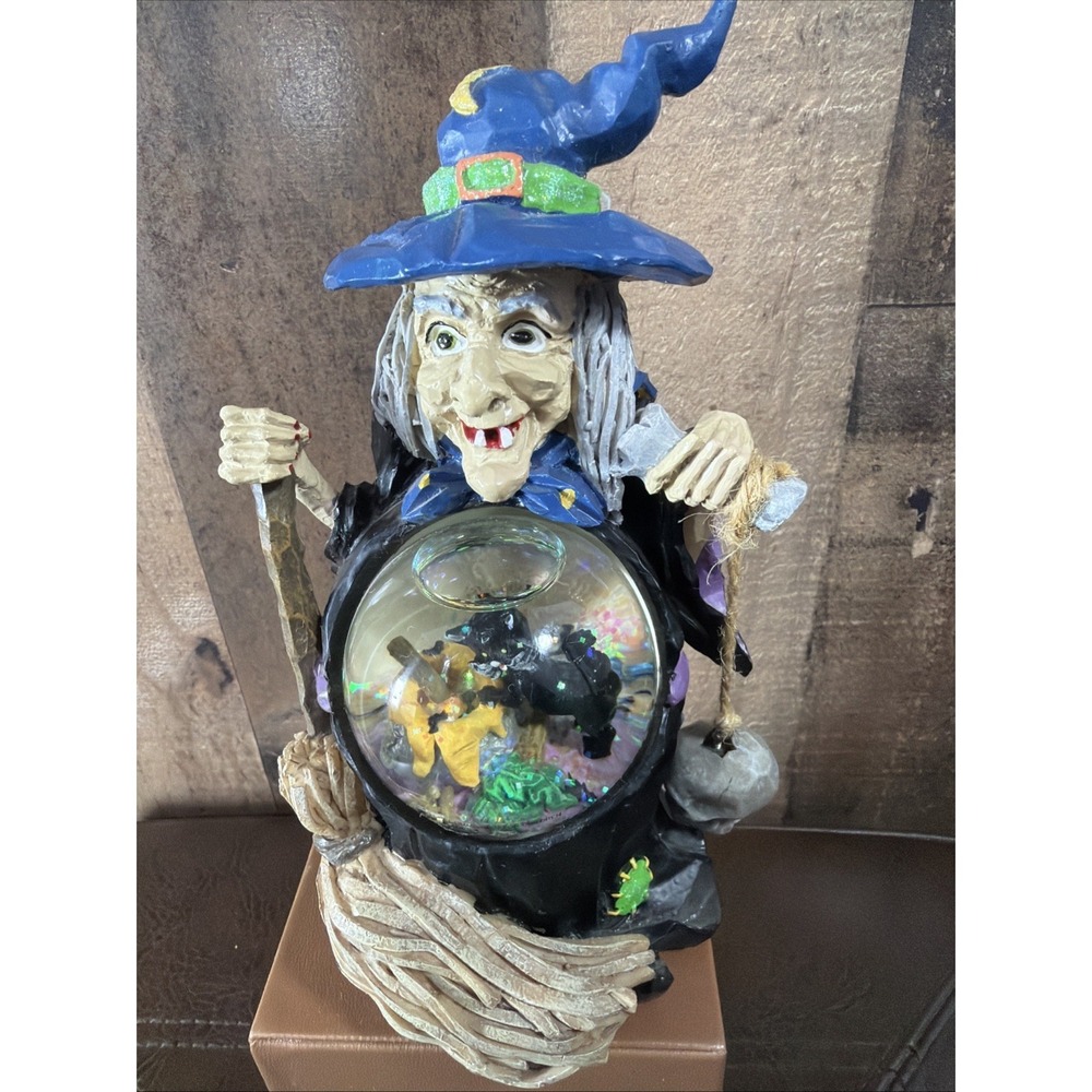 Vtg‎ Halloween Witch Crystal Ball Black Cat Water Snow Globe Tabletop Skull Read